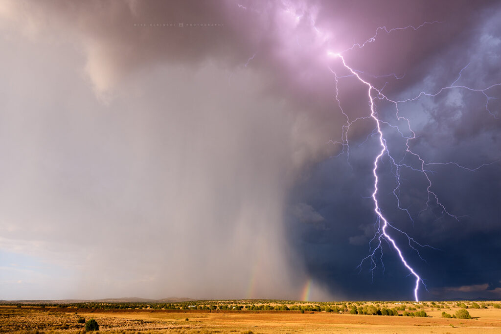 A spectacular lightning bolt epxlodes out of a strong storm near Ash Fork, Arizona, on August 7th, 2024